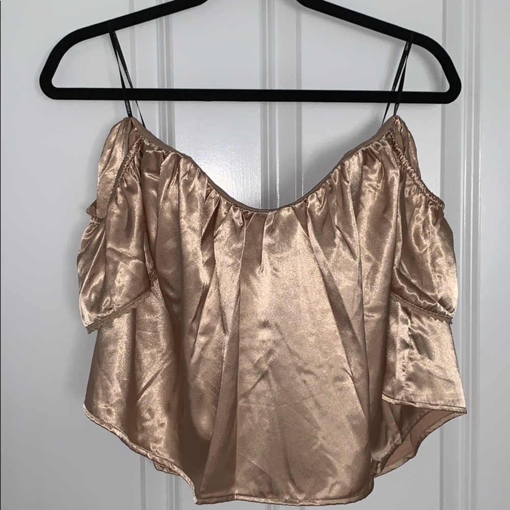 Bronze silk off the shoulder top